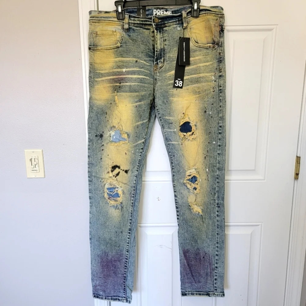 NWT PREME Mens Distressed Destroyed Denim Jeans Streetwear 38 / 34